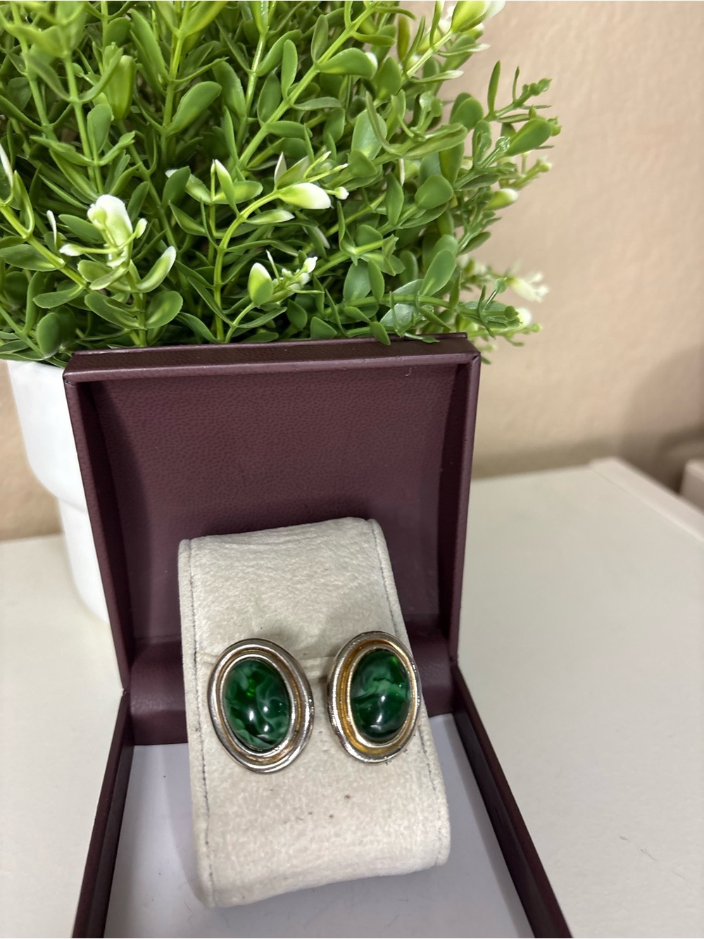 Vintage Green Oval Cabochon Silver-Tone Earrings
